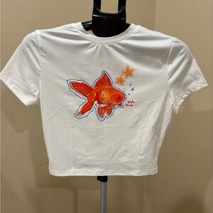 White Crop Top with Vibrant Goldfish Design